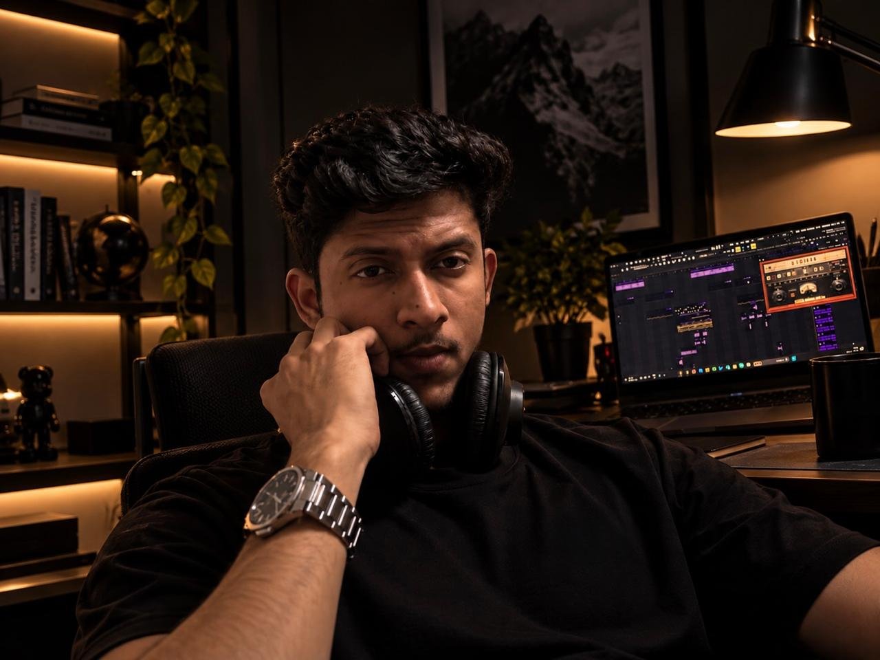 Anurag Sahu, the artist behind SCORPIO BLACK, in his studio with headphones and FL Studio open on the laptop